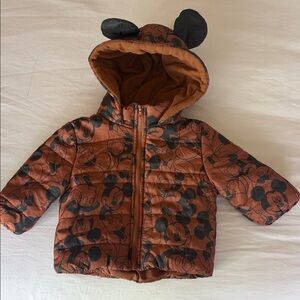 NWOT Disney Brown and Black Mickey Mouse Puffer Jacket with Ears